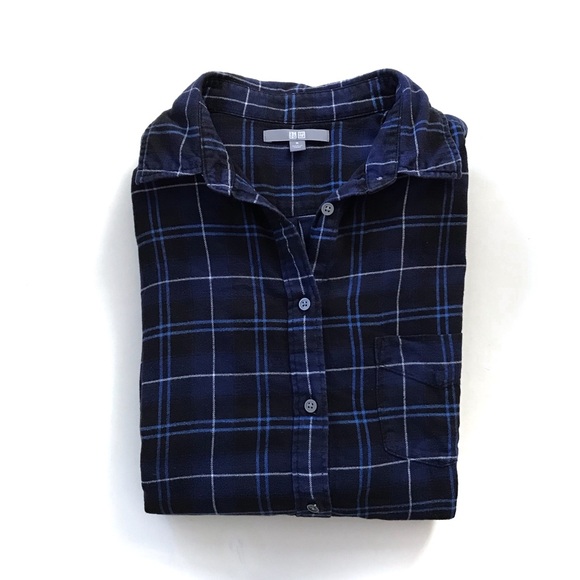 Uniqlo Blue Plaid Cotton Shirt Med - Picture 2 of 5